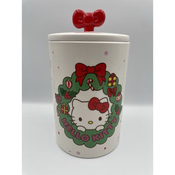 NEW 2024 Hello Kitty Christmas Canister Cookie Jar Double Sided BOW TOP 🎀